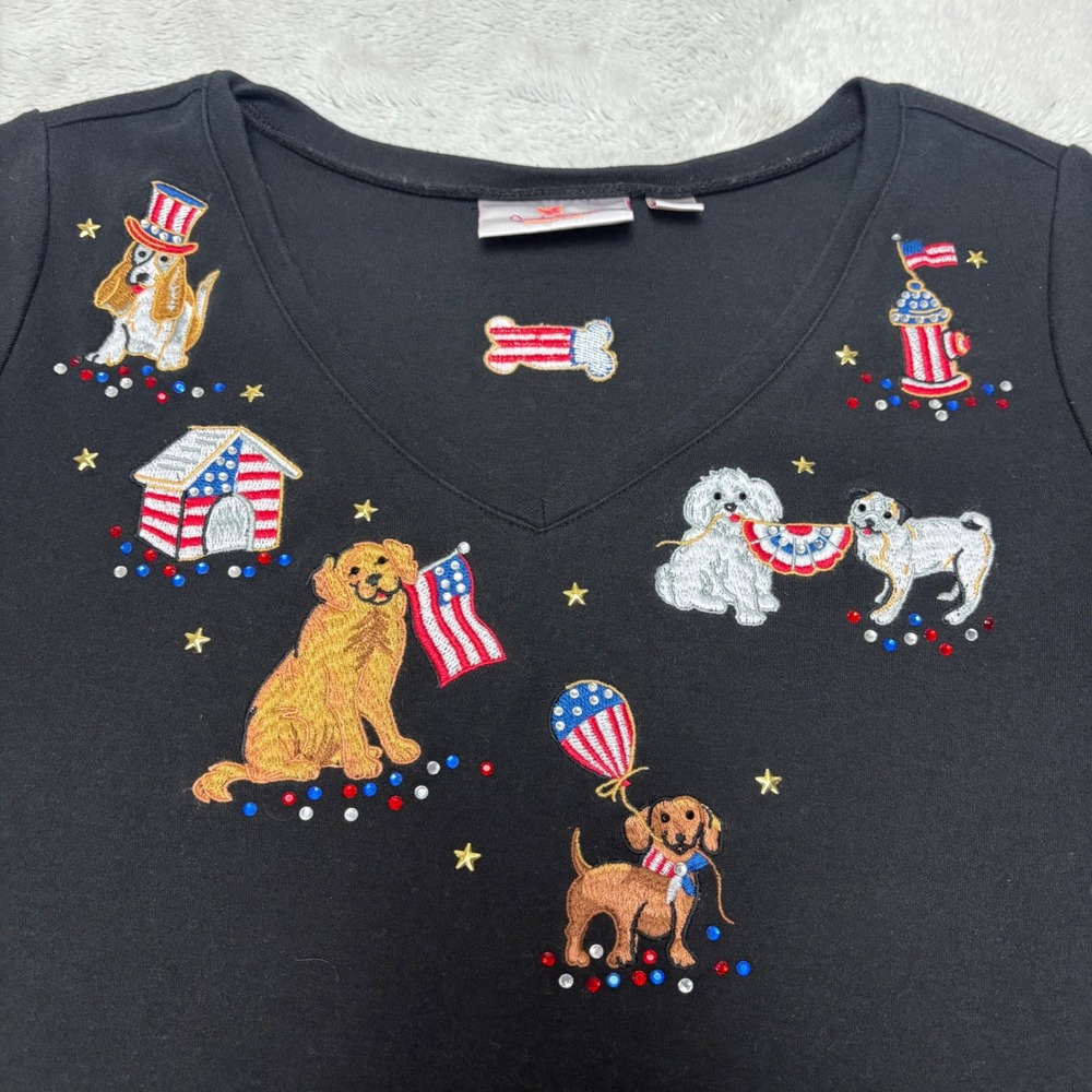 Quacker Factory Patriotic Dog Embroidered V-Neck Top Black XS American‎ Flag